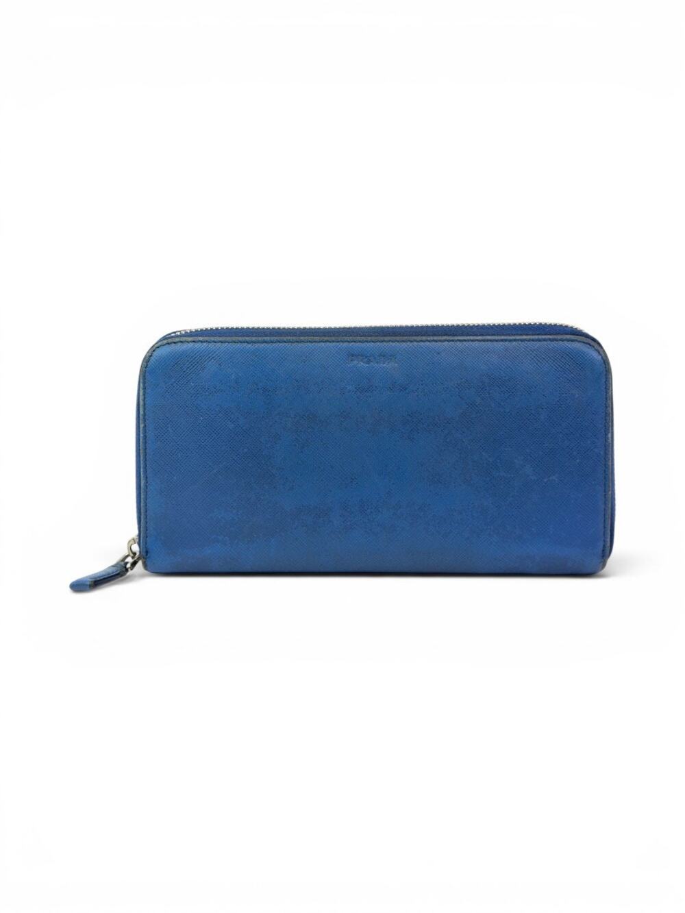 Prada Blue Saffiano Leather Continental Zip Around Wallet Silver Hardware